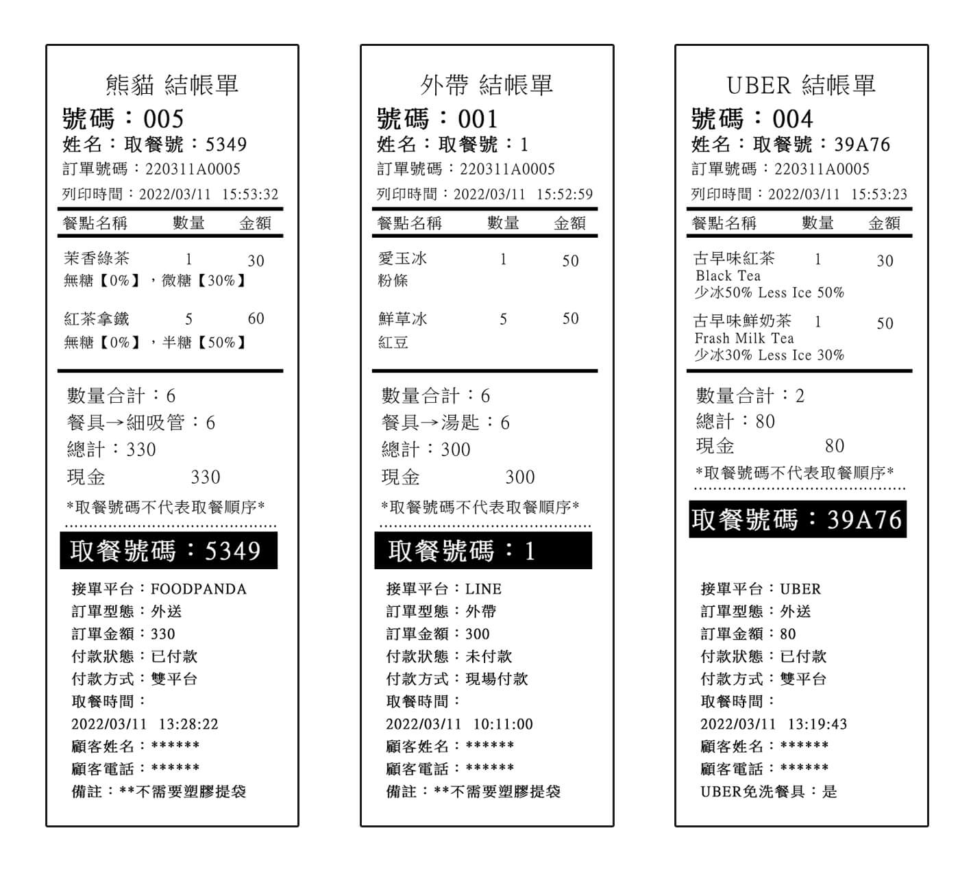 外送外帶平台結帳單